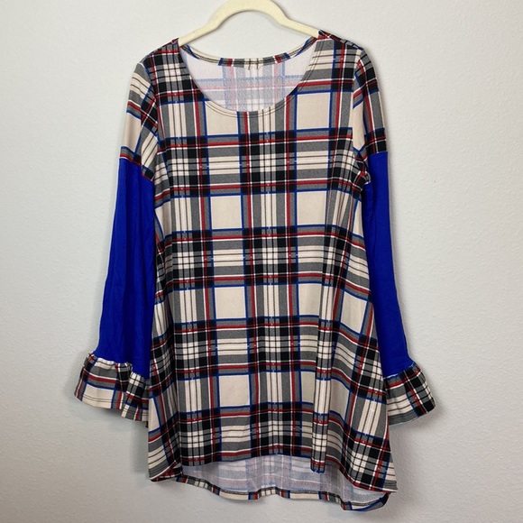 SI AVANCE Medium Plaid Drop Waist Peasant Ruffle Sleeve Tunic Top - Picture 1 of 9
